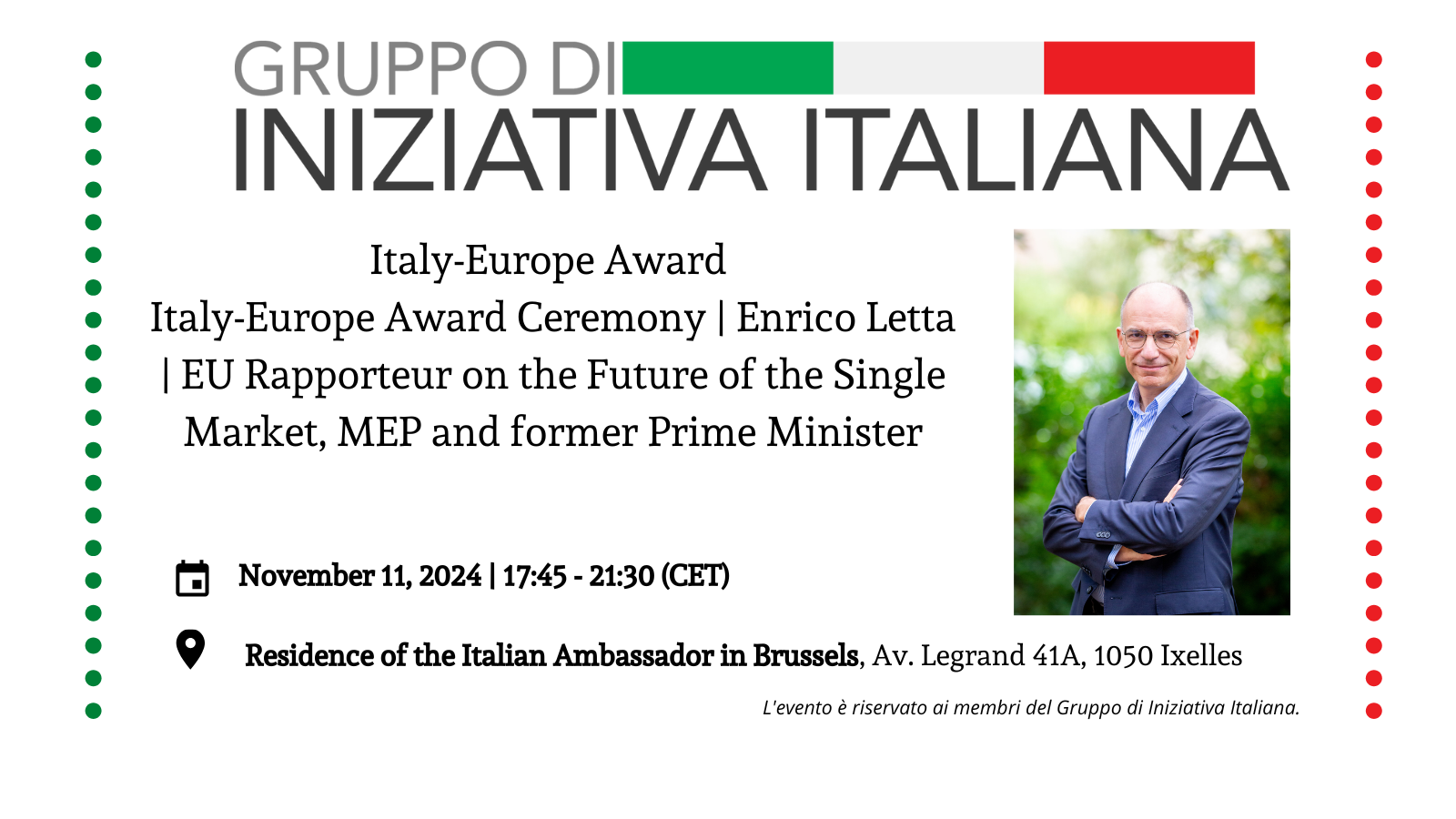 Italy-Europe Award | EU rapporteur on the future of the single market, MEP and former Council President, Enrico Letta