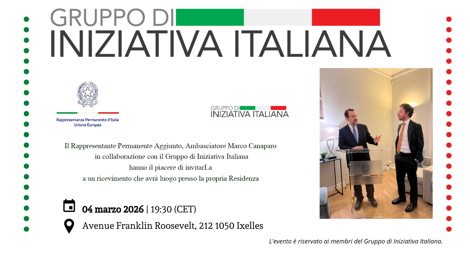 Ricevimento con Marco Canaparo, Rappresentante Permanente Aggiunto d’Italia presso l’UE